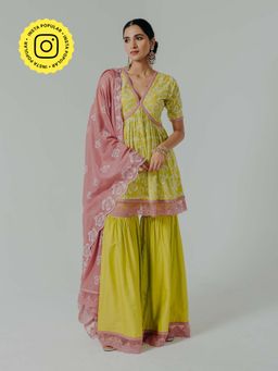 Old Marigold - Shireen Yellow Cotton Floral Kurta With Sharara And Dupatta (Set of 3)