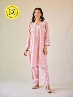 Old Marigold - Mira Pink Cotton Hand Embroidered Chikankari Co-Ord (Set of 2)