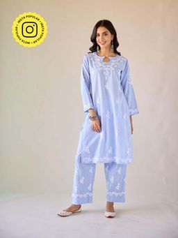 Old Marigold - Halls Blue Cotton Hand Embroidered Chikankari Co-Ord (Set of 2)