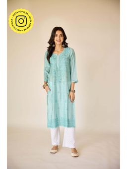 Old Marigold - Wafa Turquoise Chanderi Hand Embroidered Chikankari Kurta