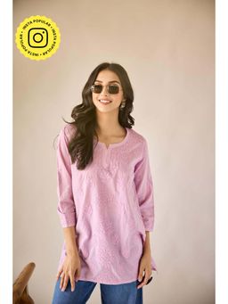 Old Marigold - Sonam Pink Cotton Hand Embroidered Short Chikankari Kurti