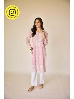 Old Marigold - Noura Dusty Pink Muslin Hand Embroidered Chikankari Kurta