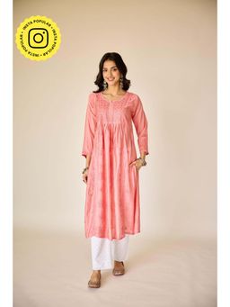 Old Marigold - Tala Peach Chanderi Hand Embroidered Chikankari Kurta