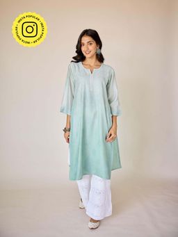 Old Marigold - Basima Turquoise Ombre Chanderi Hand Embroidered Chikankari Kurta