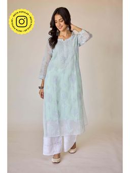 Old Marigold - Dehra Blue Kota Hand Embroidered Chikankari Kurta With Slip
