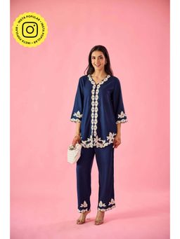 Old Marigold - Whisper Navy Blue Cotton Embroidered Co-Ord (Set of 2)
