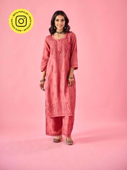 Old Marigold - Macaba Pink Chanderi Hand Embroidered Chikankari Kurta And Palazzo (Set of 2)