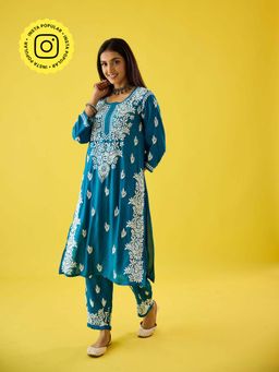 Old Marigold - Aanya Blue Modal Hand Embroidered Chikankari Kurta And Pant (Set of 2)