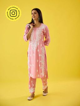 Old Marigold - Mehtap Baby Pink Modal Hand Embroidered Chikankari Kurta And Pant (Set of 2)