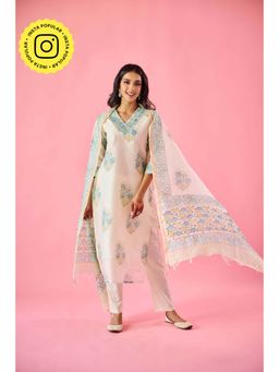 Old Marigold - Dilruba Off White Chanderi Hand Embellished Kurta Pant & Dupatta (Set of 3)