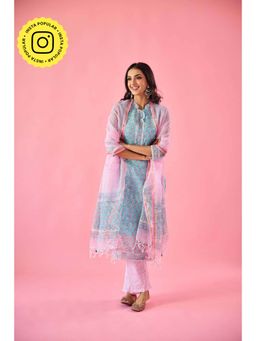 Old Marigold - Qudsia Blue Kota Hand Embellished Kurta Pant & Dupatta (Set of 3)
