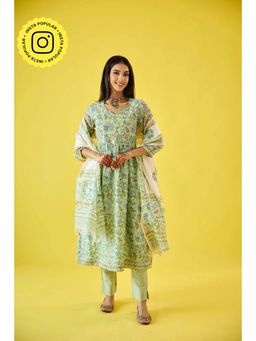 Old Marigold - Surmayee Mint Green Chanderi Hand Embellished Kurta Pant & Dupatta (Set of 3)