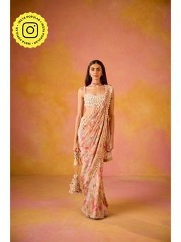 Old Marigold - Leher Pink Crepe Saree with Stitched Blouse