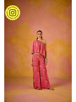 Old Marigold - Amayra Hot Pink Muslin One-Shoulder Top with Flared Sharara (Set of 2)