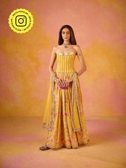 Old Marigold - Anaya Yellow Sequined Corset and Muslin Lehenga with Dupatta (Set of 3)