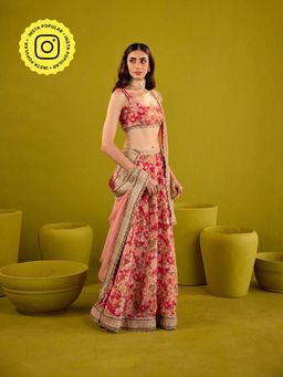Old Marigold - Red Scarlett Floral Printed Tissue Lehenga with Blouse and Dupatta (Set of 3)