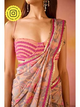 Old Marigold - Pai Peach & Hot Pink Applique Tie Up Stitched Blouse