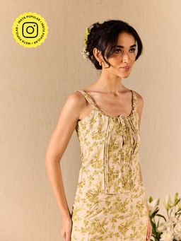 Old Marigold - Capri Cream And Green Cotton Floral Top