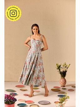 Old Marigold - Emily Blue Floral Midi Dress With Corset Jacket (Set of 2)