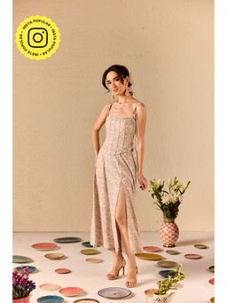 Old Marigold - Gardenia Beige Floral Midi Dress With Corset Jacket (Set of 2)