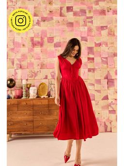 Old Marigold - Dolce Cherry Red V-Neck Corset Midi Dress