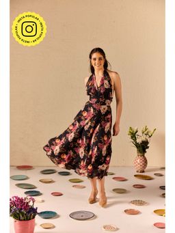Old Marigold - Fable Black Floral Halter neck Midi Dress
