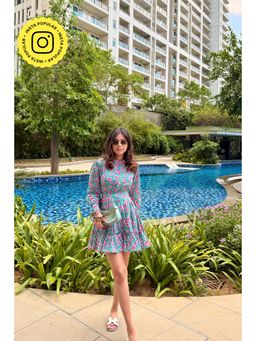 Old Marigold - Ariel Blue And Pink Printed Cotton Collared Dress with Belt (Set of 2)