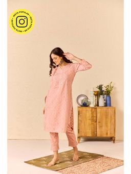 Old Marigold - Zimal Dusty Pink Cotton Chikankari Kurta with Pant (Set of 2)