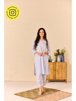 Old Marigold - Suhana Powder Blue Cotton Chikankari Kurta with Pant (Set of 2)