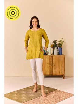 Old Marigold - Laiba Mustard Yellow Modal Hand Embroidered Short Chikankari Kurti