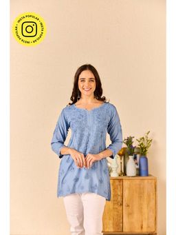 Old Marigold - Noorain Blue Modal Hand Embroidered Short Chikankari Kurti