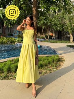 Old Marigold - Positano Lemon Yellow Strapless Midi Dress With Corset Jacket (Set of 2)