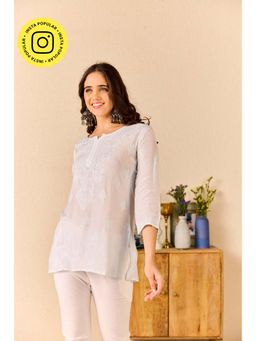 Old Marigold - Pakiza Powder Blue Muslin Hand Embroidered Short Chikankari Kurti