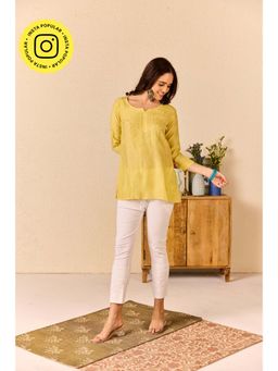 Old Marigold - Araya Yellow Muslin Hand Embroidered Short Chikankari Kurti