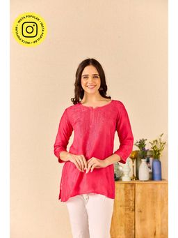 Old Marigold - Arabella Hot Pink Muslin Hand Embroidered Short Chikankari Kurti