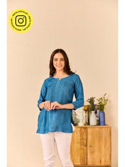 Old Marigold - Marissa Teal Muslin Hand Embroidered Short Chikankari Kurti