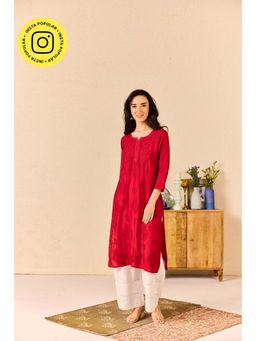 Old Marigold - Areesha Chanderi Hand Embroidered Chikankari Maroon Kurta