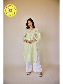 Old Marigold - Aadya Lime Green Hand Embroidered Chikankari Kurta