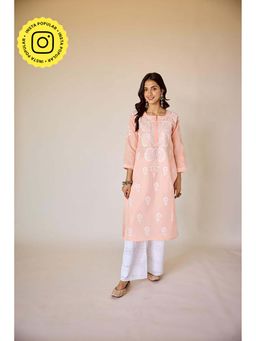 Old Marigold - Haifa Peach Hand Embroidered Chikankari Kurta