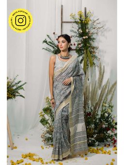 Old Marigold - Bouganvillea Floral Printed Chanderi Silk Saree with Unstitched Blouse