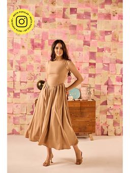 Old Marigold - Elara Camel Brown Drop Waist Rayon Midi Dress