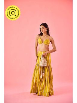 Old Marigold - Yellow Embroidered Plunging Neck Blouse with Sharara