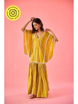 Old Marigold - Yellow Embroidered V-Neck Kaftan with Blouse and Sharara