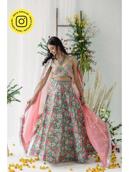 Old Marigold - Harsingaar Pink Printed Chanderi Lehenga with Blouse and Dupatta