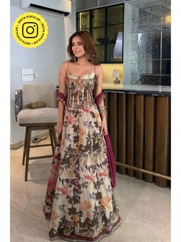 Old Marigold - Maha Beige Sequinned Corset Blouse and Lehenga with Dupatta