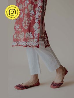 Old Marigold - Women'S White Cotton Lycra Hand Embroidered Chikankari Straight Pant