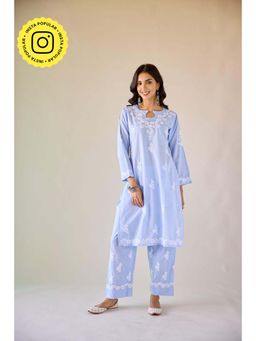 Old Marigold - Halls Blue Cotton Hand Embroidered Chikankari Kurta with Pant