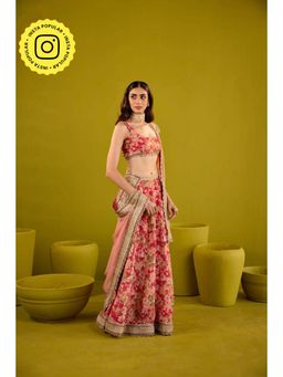 Old Marigold - Mehroom Embellished Tissue Red Lehenga with Blouse and Dupatta