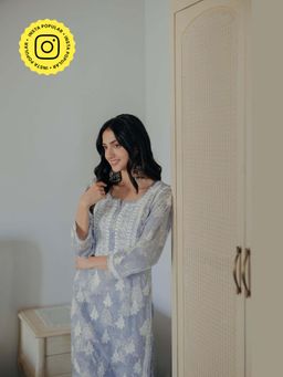 Old Marigold - Adiva Mulmul Chikankari Printed Blue Kurta