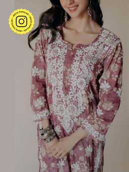 Old Marigold - Alizeh Mulmul Chikankari Printed Wine Kurta